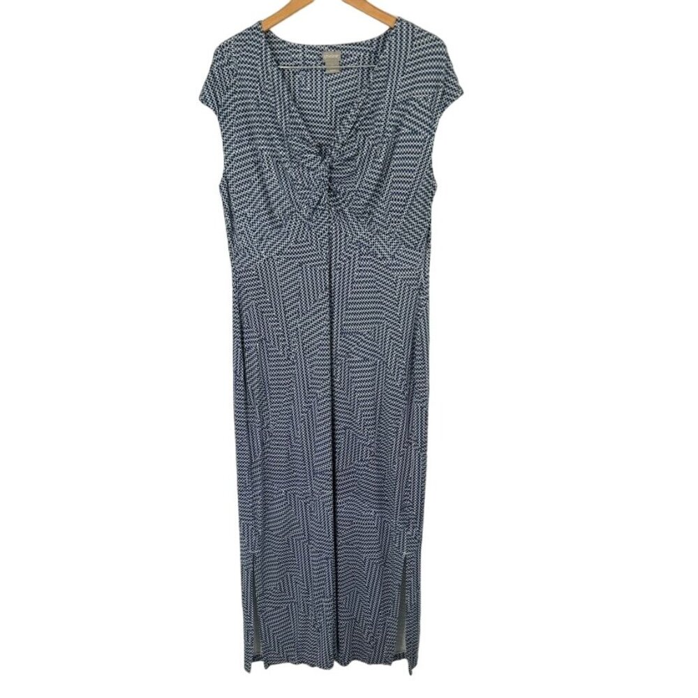Chico's 2 Women's Blue pattern Maxi Dress Size large Rayon knit cap sleeve